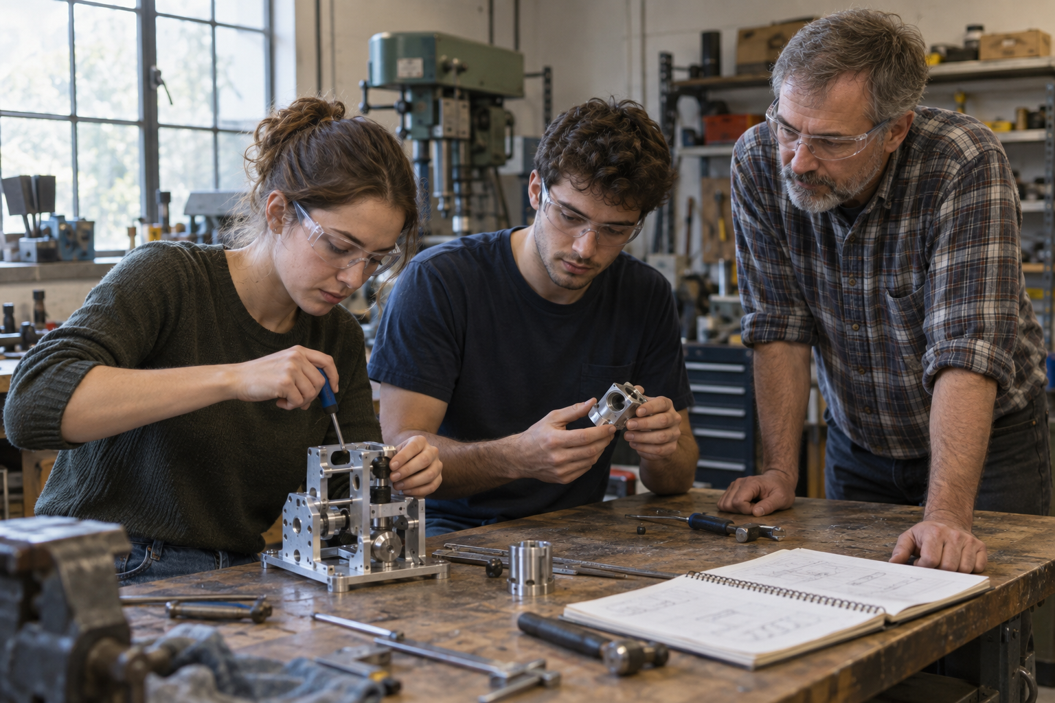 Two young adults work on a mechanical project with an older mentor at a workshop bench.