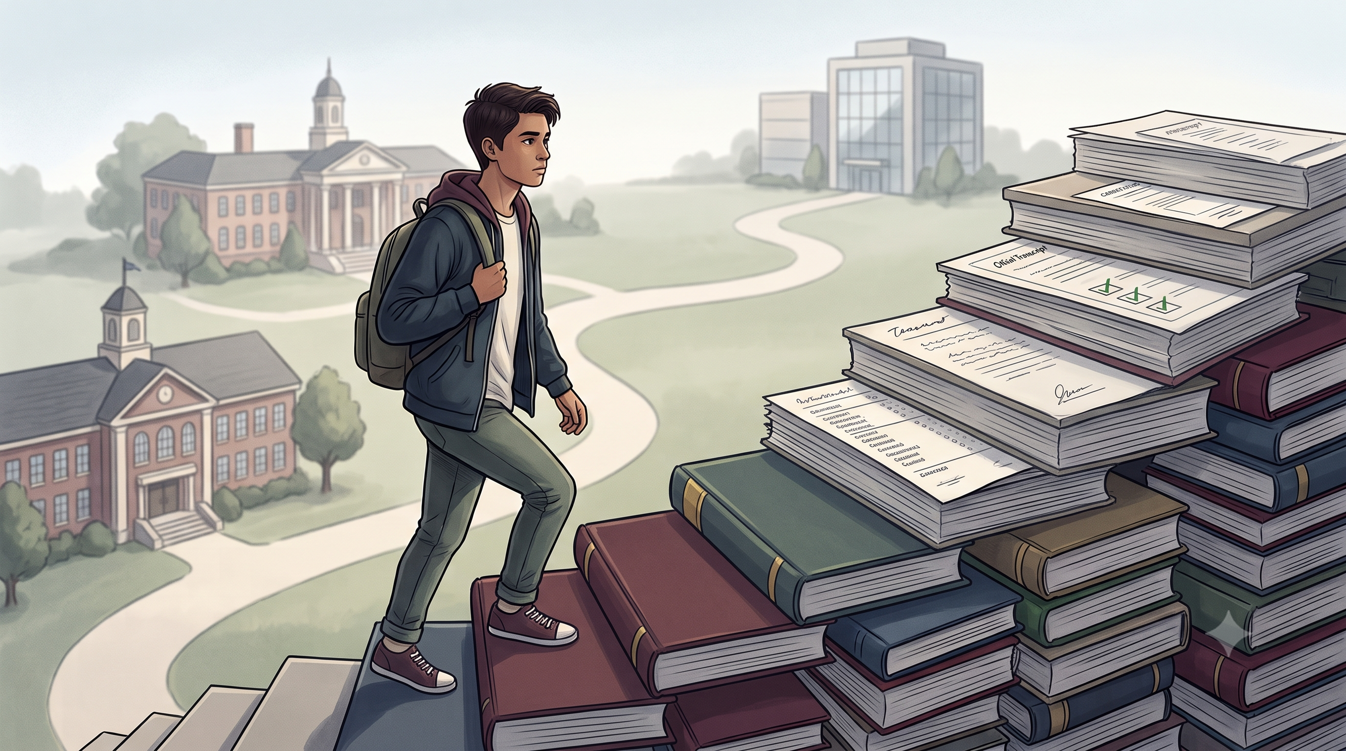 A student climbing steps made from books, transcripts, and academic records