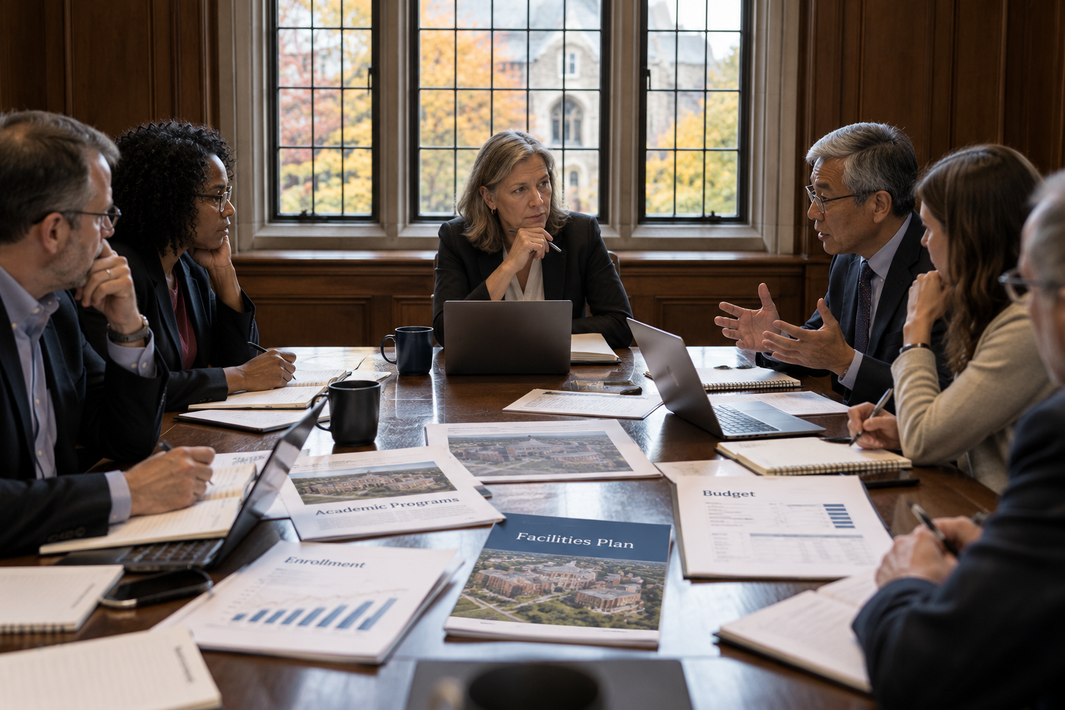 University leaders discussing academic programs, enrollment, facilities, and budget around a conference table.