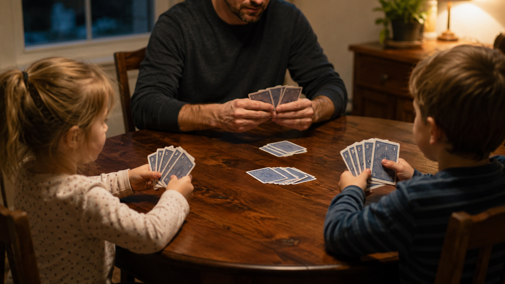 A father and two young children playing cards together at a dining table.