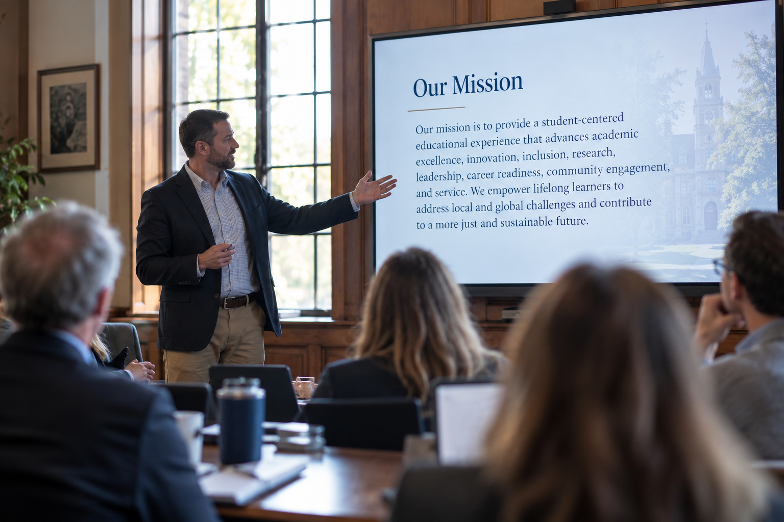 Faculty members listening as a presenter displays a university mission statement.