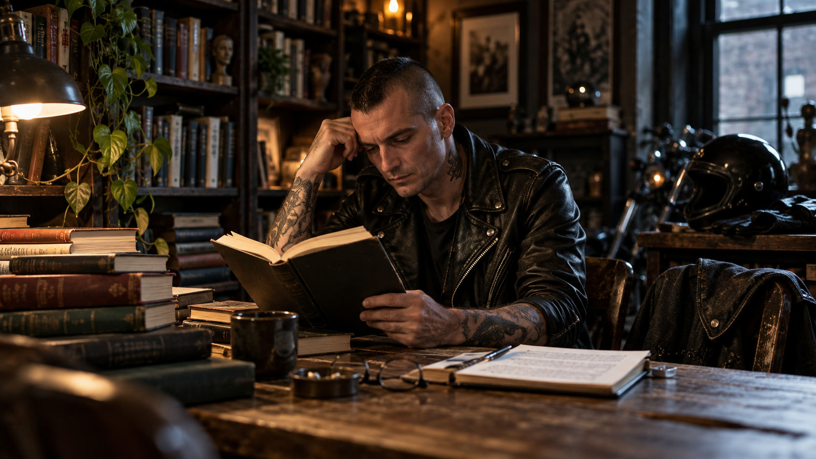 A tattooed punk rocker in a leather jacket reading a book in a study surrounded by literature.