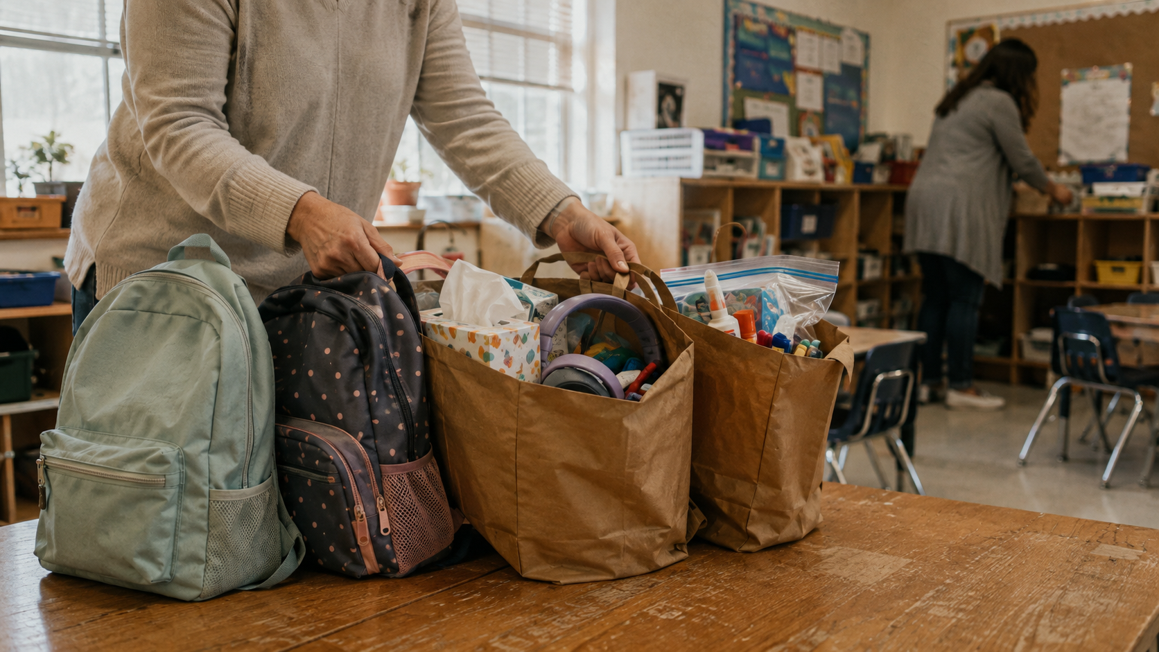 A parent bringing two backpacks and bags of supplies into a kindergarten classroom.