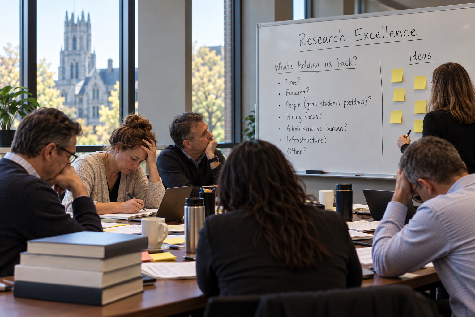 Faculty members participating in a university strategy and brainstorming session focused on research excellence.